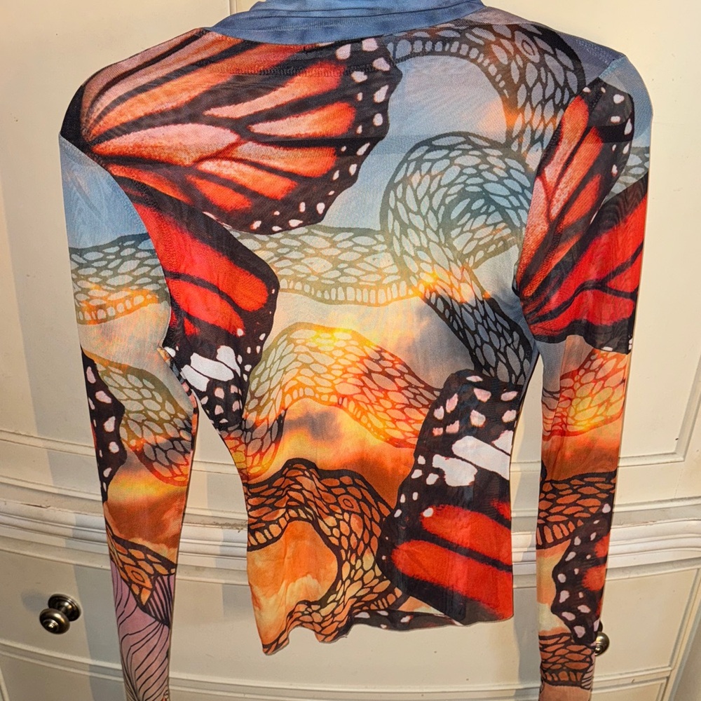 AFRM Long Sleeve Butterfly Print Top in Orange, Black, Blue - Picture 5 of 5